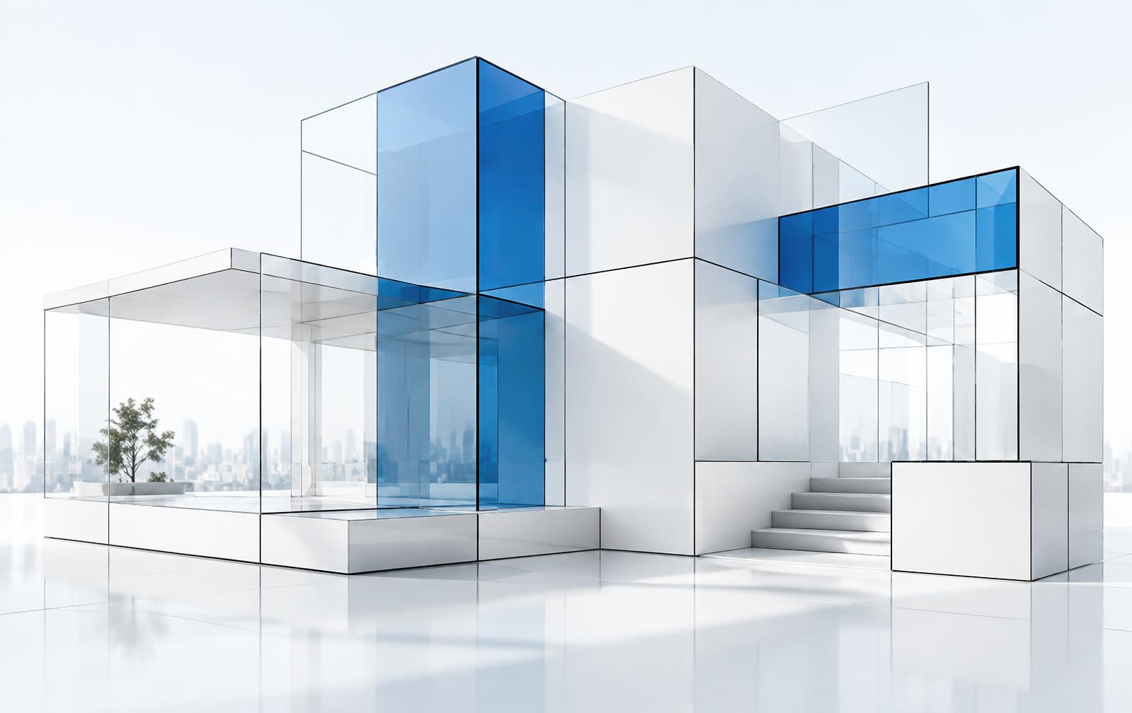 Abstract glass and blue architectural forms